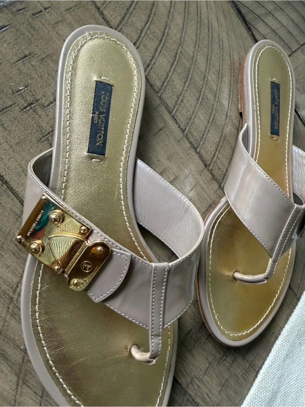 Louis Vuitton Taupe Leather Thong Sandals with Gold Trim